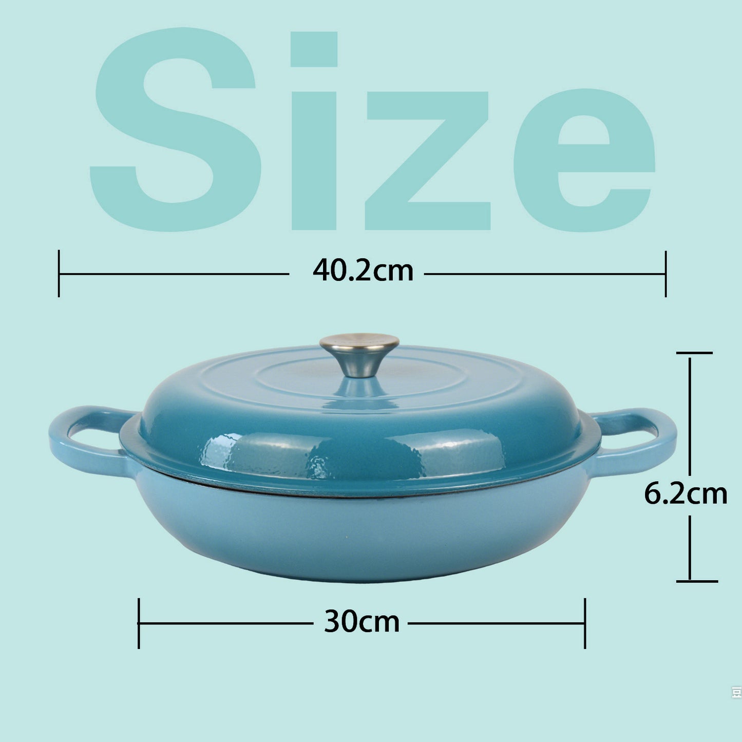La Cocina 30cm Turquoise Cast Iron Shallow Round Casserole Paella Pot - 3.5 Liter - Big5 Cookware Factory Shop