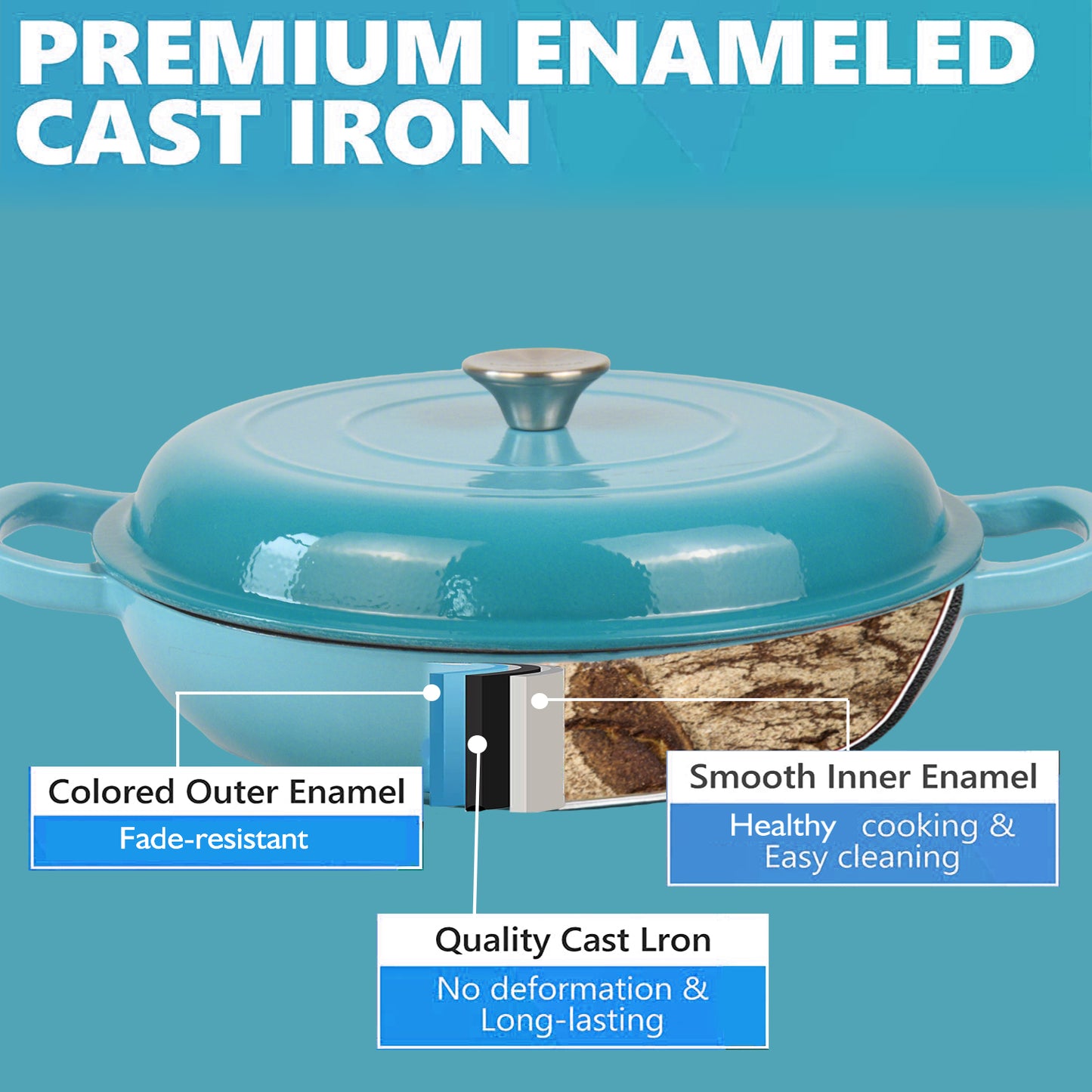 La Cocina 30cm Turquoise Cast Iron Shallow Round Casserole Paella Pot - 3.5 Liter - Big5 Cookware Factory Shop