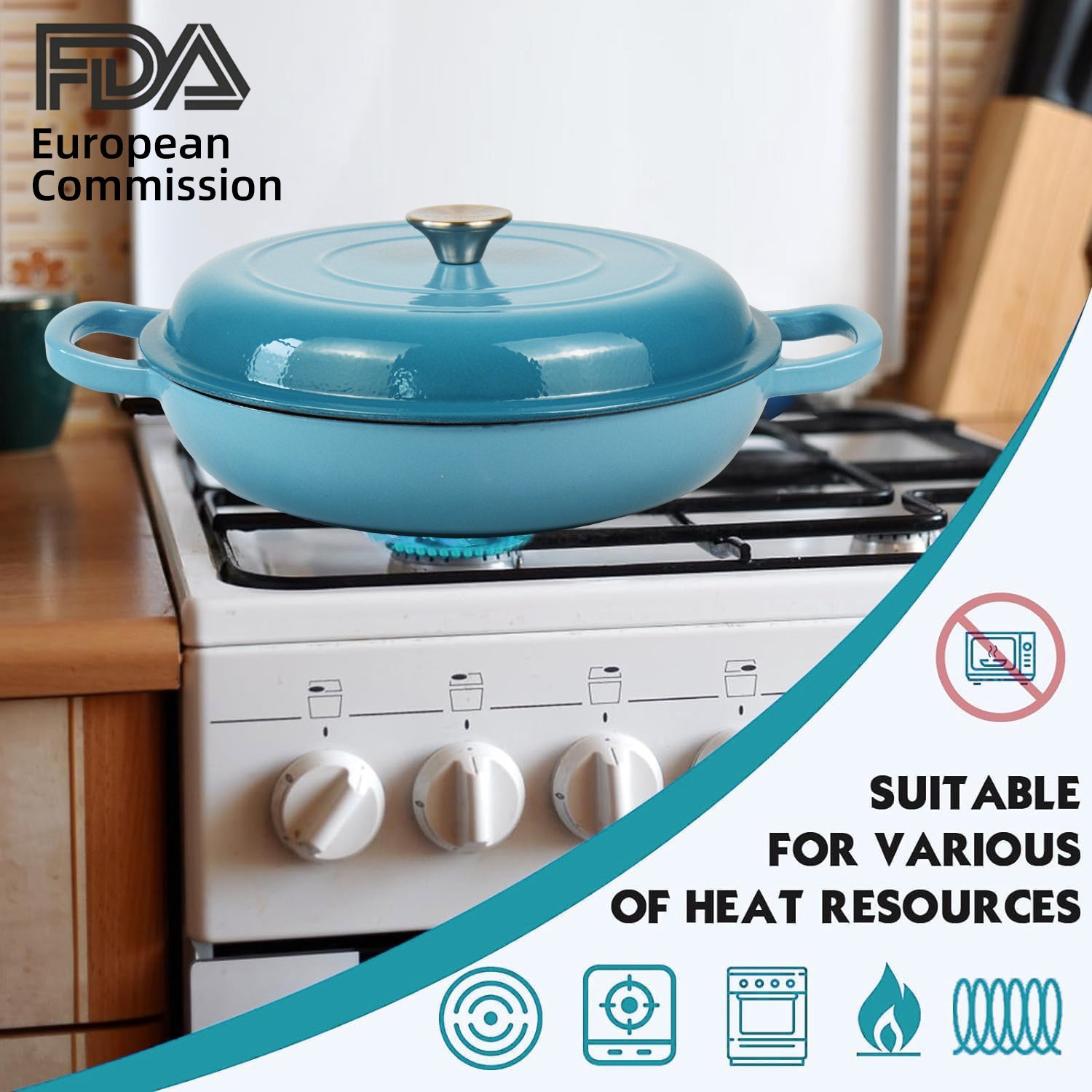 La Cocina 30cm Turquoise Cast Iron Shallow Round Casserole Paella Pot - 3.5 Liter - Big5 Cookware Factory Shop