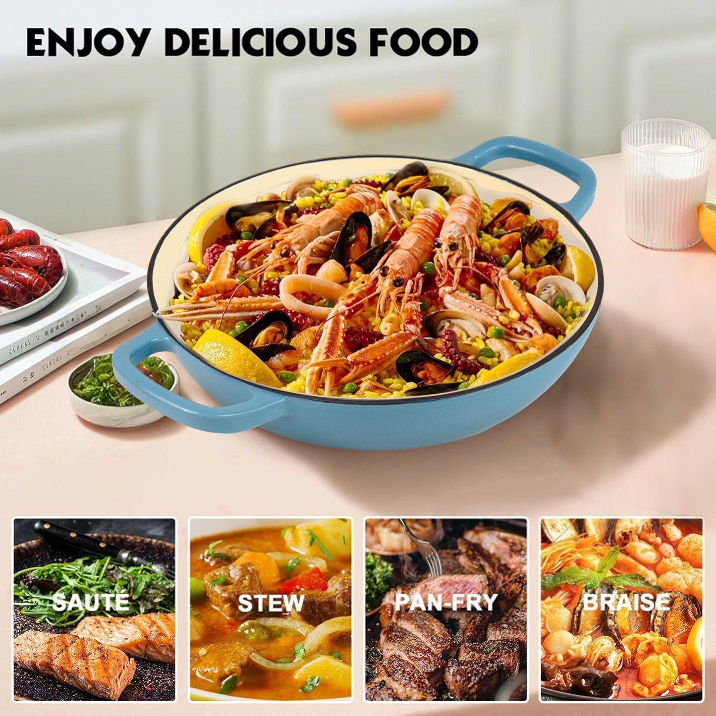 La Cocina 30cm Turquoise Cast Iron Shallow Round Casserole Paella Pot - 3.5 Liter - Big5 Cookware Factory Shop