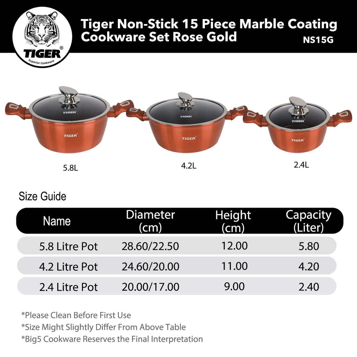 Tiger Non-Stick 15pc Marble Coating Cookware Set — Rose Gold