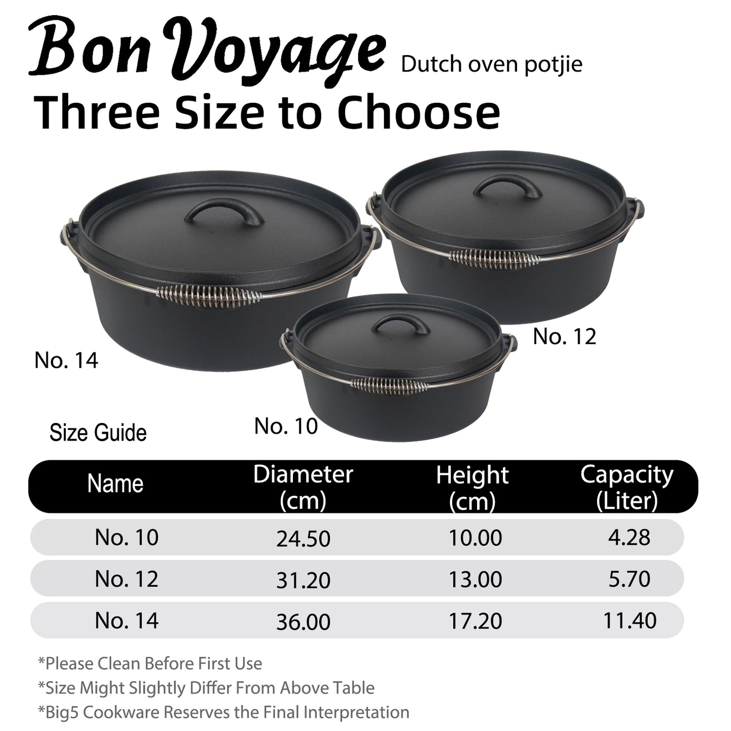 Bon Voyage Cast Iron Dutch Oven Potjie Pot - Big5 Cookware Factory Shop
