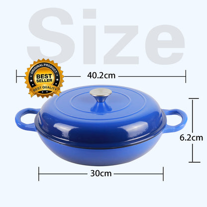 La Cocina 30cm Amazon Blue Cast Iron Shallow Round Casserole Paella Pot - 3.5 Liter - Big5 Cookware Factory Shop
