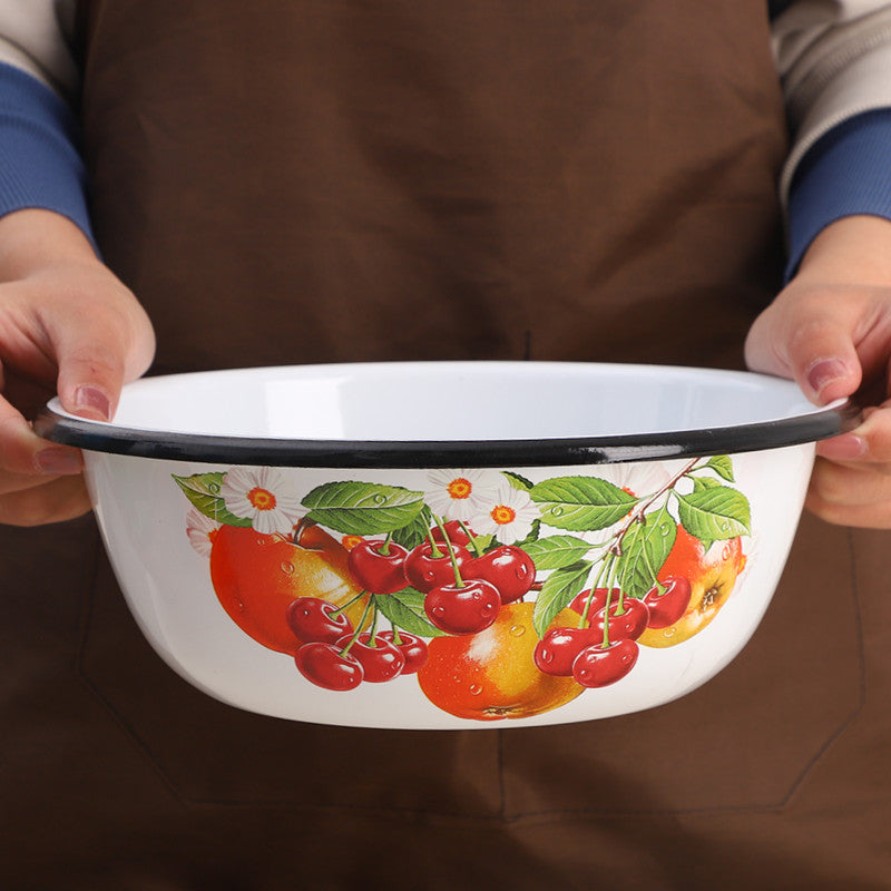 Vintage Enamel Mixing Bowl - 30cm Large Capacity Beige Enamel Basin For Cooking, Dough & Washing