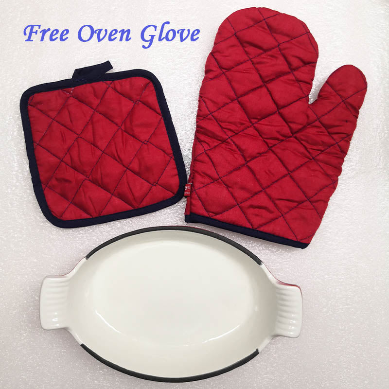 French Cast Iron Enamel Oval Baking Pan Lasagna Pan with Free Gift Oven Glove - Big5 Cookware Factory Shop