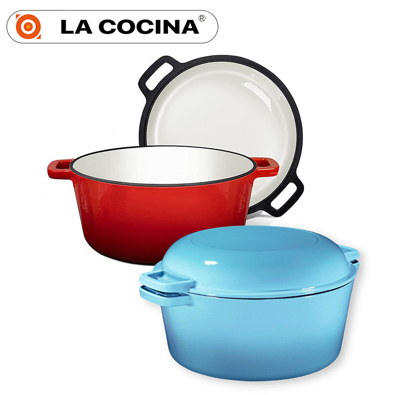 La Cocina Cast Iron 2 in 1 Casserole with Frypan Lid 26cm (one pot only) - Big5 Cookware Factory Shop