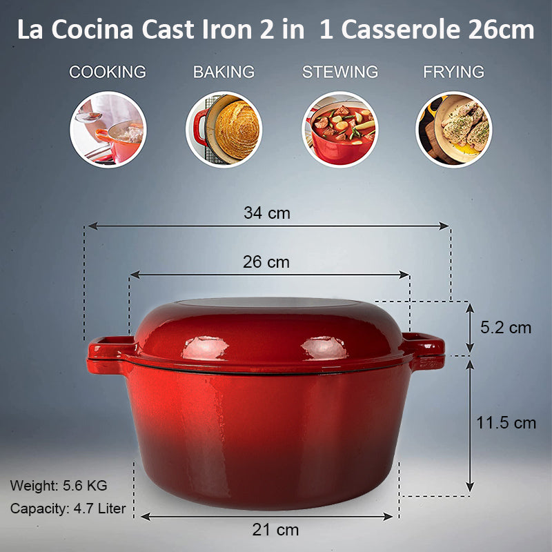 La Cocina Cast Iron 2 in 1 Casserole with Frypan Lid 26cm (one pot only) - Big5 Cookware Factory Shop