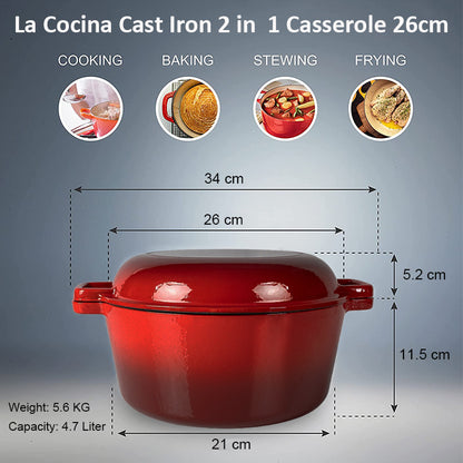 La Cocina Cast Iron 2 in 1 Casserole with Frypan Lid 26cm (one pot only) - Big5 Cookware Factory Shop