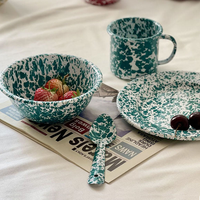 Marble Splatter Green Enamel Dinner Set Mug Plate Spoon Bowl Camping Set - Big5 Cookware Factory Shop