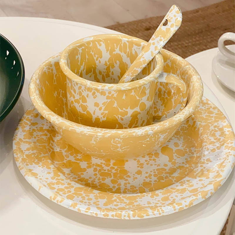 Marble Splatter Yellow Enamel Dinner Set Mug Plate Spoon Bowl Camping Set - Big5 Cookware Factory Shop