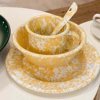 Marble Splatter Yellow Enamel Dinner Set Mug Plate Spoon Bowl Camping Set - Big5 Cookware Factory Shop